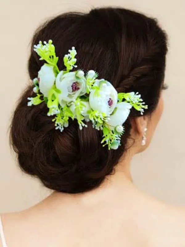 White_Attractive_Roses_With_Pearl_&_Leaf_Design_Hairpin_Accessories_For_Women_&_Girls_(14_X_8_X_1_Cm)