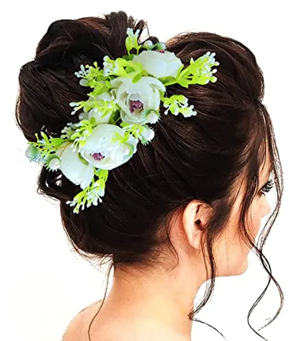 White_Attractive_Roses_With_Pearl_&_Leaf_Design_Hairpin_Accessories_For_Women_&_Girls_(14_X_8_X_1_Cm)
