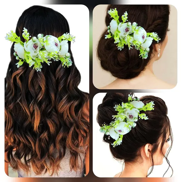 White_Attractive_Roses_With_Pearl_&_Leaf_Design_Hairpin_Accessories_For_Women_&_Girls_(14_X_8_X_1_Cm)