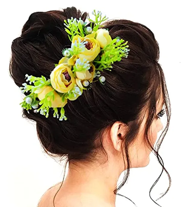 Yellow_Attractive_Roses_With_Pearl_&_Leaf_Design_Hairpin_Accessories_For_Women_&_Girls_(14_X_8_X_1_Cm)
