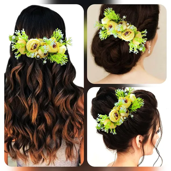 Yellow_Attractive_Roses_With_Pearl_&_Leaf_Design_Hairpin_Accessories_For_Women_&_Girls_(14_X_8_X_1_Cm)
