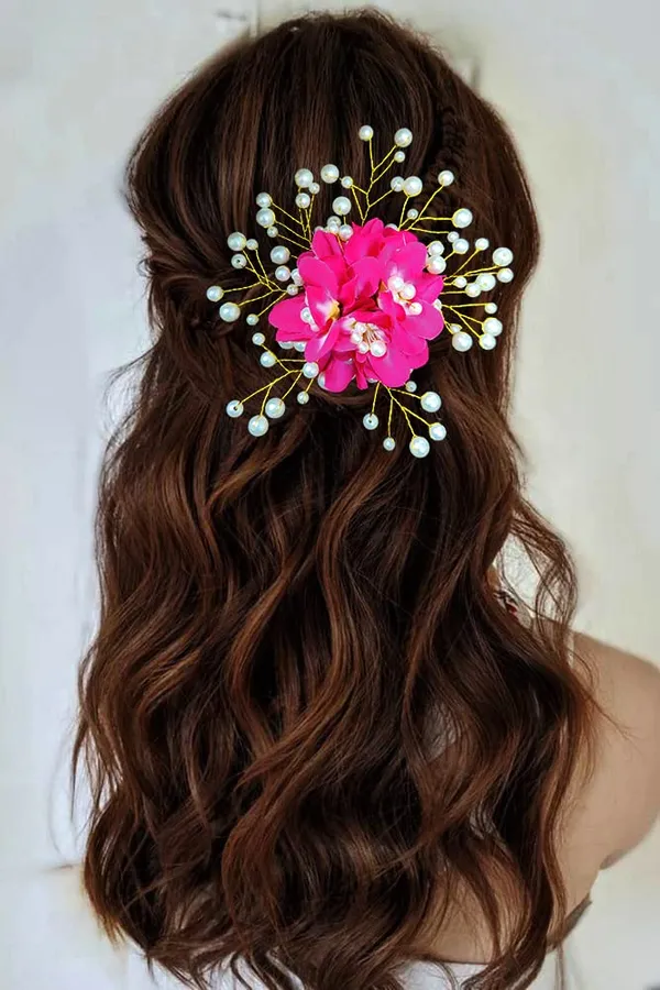 Dark_Pink_Floral_Shaped_With_Pearl_Hairpin_Accessories_For_Women_&_Girls_(13_X_8_X_1_Cm)