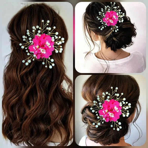 Dark_Pink_Floral_Shaped_With_Pearl_Hairpin_Accessories_For_Women_&_Girls_(13_X_8_X_1_Cm)