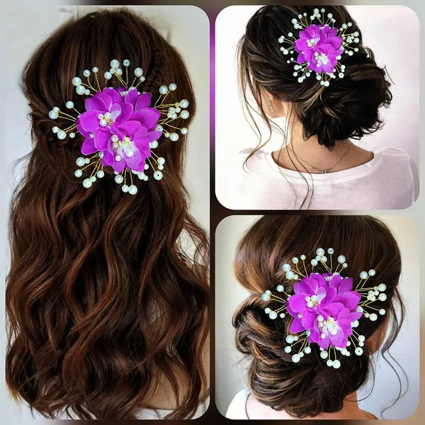 Purple_Floral_Shaped_With_Pearl_Hairpin_Accessories_For_Women_&_Girls_(13_X_8_X_1_Cm)