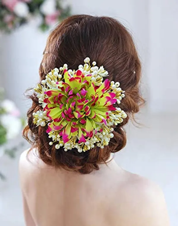 Green_&_Pink_Floral_Design_With_Pearl_&_Stone_Gajra_Hair_Accessories_For_Women_&_Girls_(14_X_8_X_1_Cm)