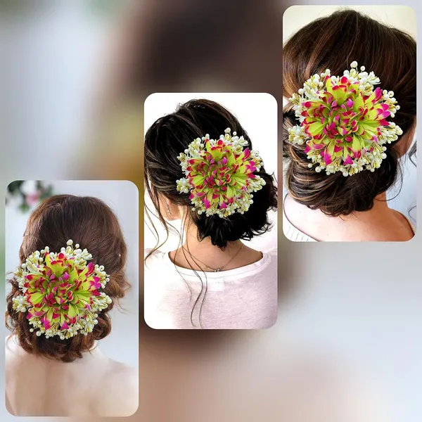 Green_&_Pink_Floral_Design_With_Pearl_&_Stone_Gajra_Hair_Accessories_For_Women_&_Girls_(14_X_8_X_1_Cm)