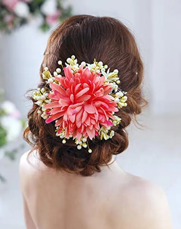 Peach_Floral_Design_With_Pearl_&_Stone_Gajra_Hair_Accessories_For_Women_&_Girls_(14_X_8_X_1_Cm)