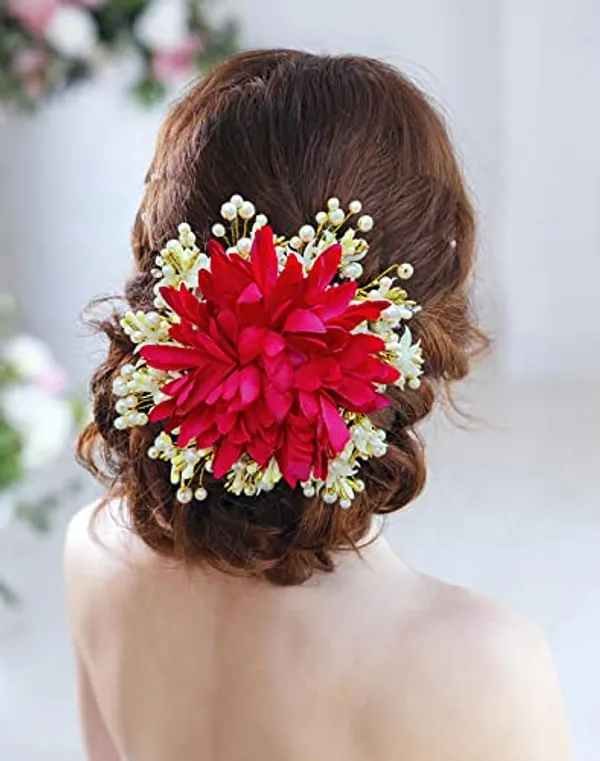 Red_Floral_Design_With_Pearl_&_Stone_Gajra_Hair_Accessories_For_Women_&_Girls_(14_X_8_X_1_Cm)