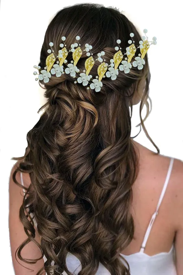 Gold_&_White_Artificial_Leaf_And_Floral_Design_With_Pearl_&_Stone_Hairpin_Accessories_For_Women_&_Girls_(14_X_8_X_1_Cm)
