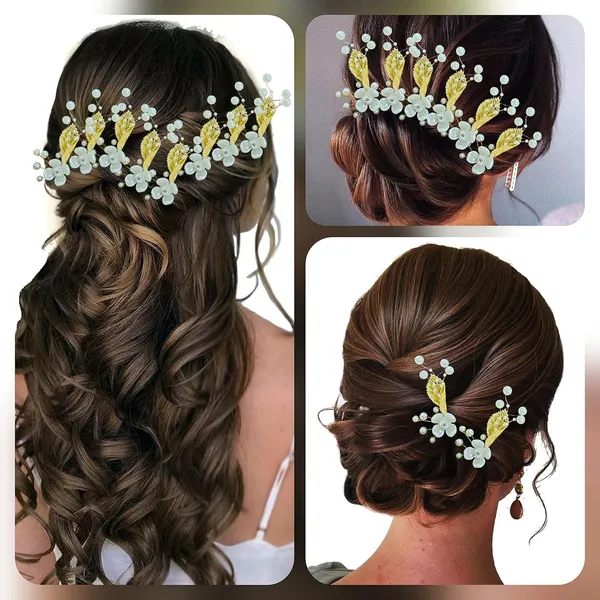 Gold_&_White_Artificial_Leaf_And_Floral_Design_With_Pearl_&_Stone_Hairpin_Accessories_For_Women_&_Girls_(14_X_8_X_1_Cm)