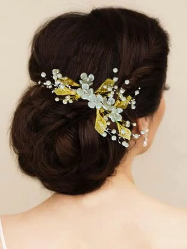 Gold_&_White_Artificial_Flower_Metal_Leaf_With_Pearl_&_Stone_Comb_Slide_Hair_Pin_Accessories_For_Women_&_Girls_(14_X_8_X_1_Cm)
