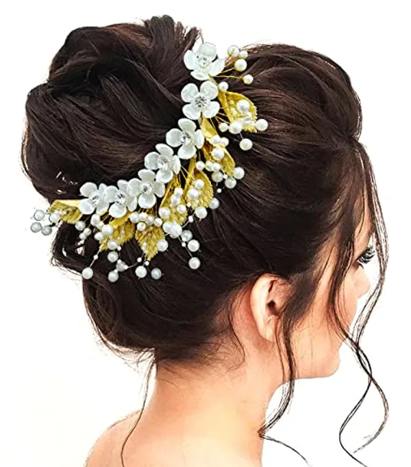 Gold_&_Silver_Artificial_Leaf_And_Floral_Design_With_Pearl_&_Stone_Hairpin_Accessories_For_Women_&_Girls_(14_X_8_X_1_Cm)