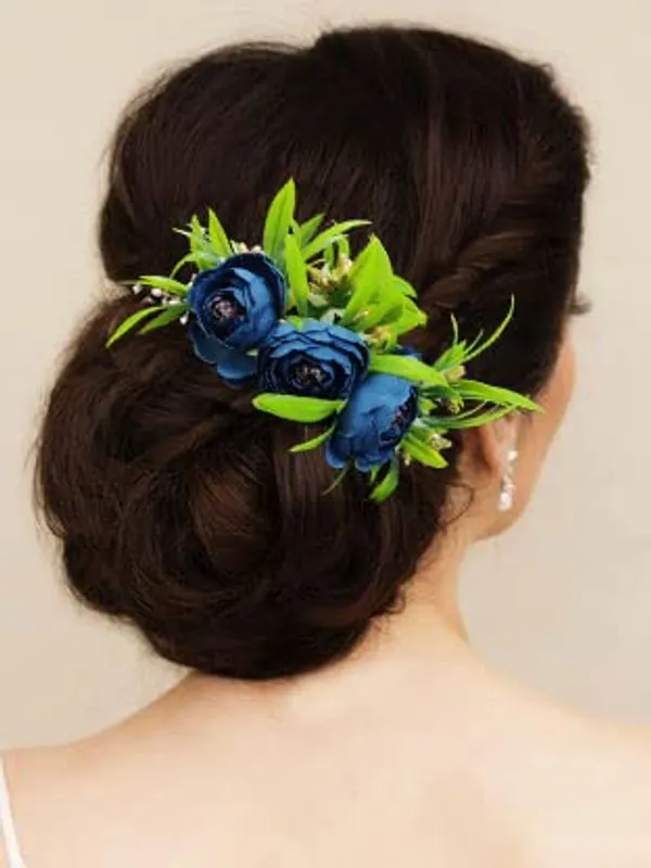 Blue_Rose_Flower_And_Leaf_Shaped_Comb_Slide_For_Women_&_Girls_(14_X_8_X_1_Cm)