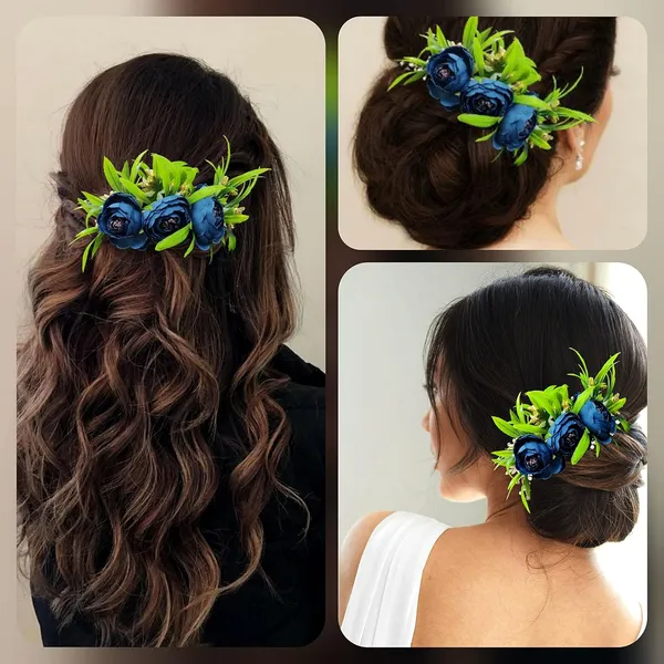 Blue_Rose_Flower_And_Leaf_Shaped_Comb_Slide_For_Women_&_Girls_(14_X_8_X_1_Cm)