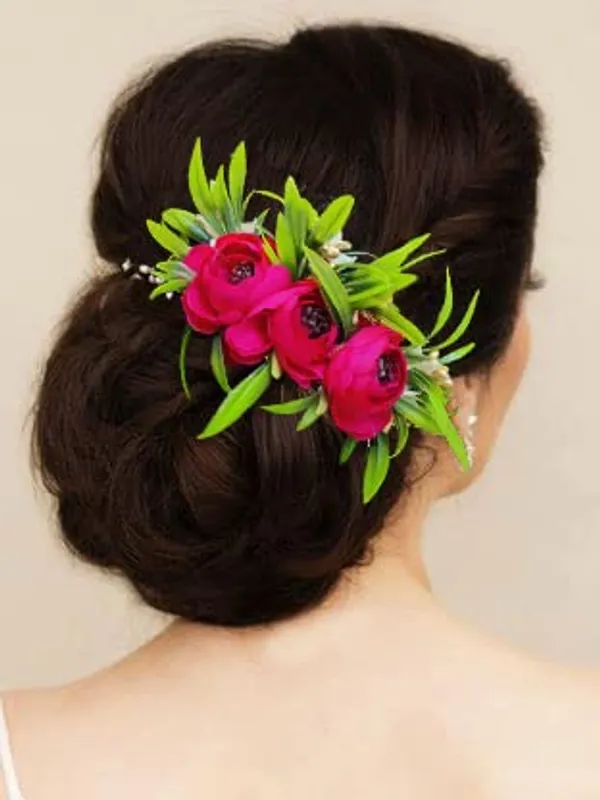 Dark_Pink_Rose_Flower_And_Leaf_Shaped_Comb_Slide_For_Women_&_Girls_(14_X_8_X_1_Cm)