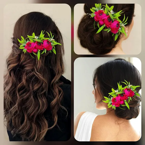 Dark_Pink_Rose_Flower_And_Leaf_Shaped_Comb_Slide_For_Women_&_Girls_(14_X_8_X_1_Cm)