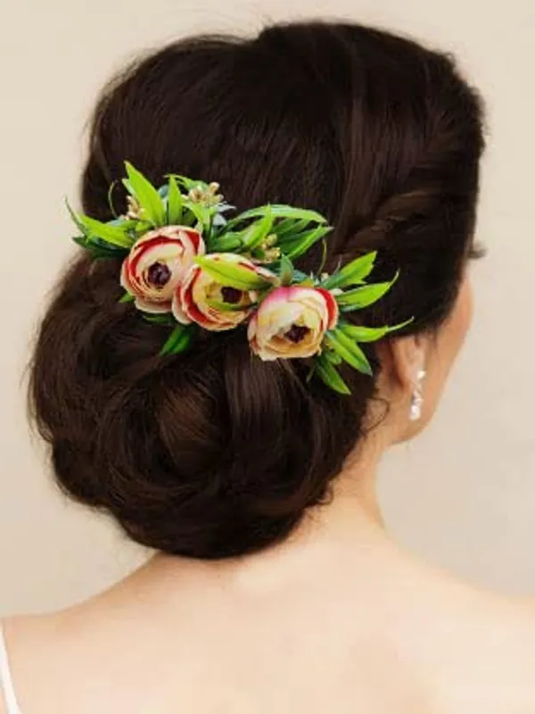 Peach_Rose_Flower_And_Leaf_Shaped_Comb_Slide_For_Women_&_Girls_(14_X_8_X_1_Cm)