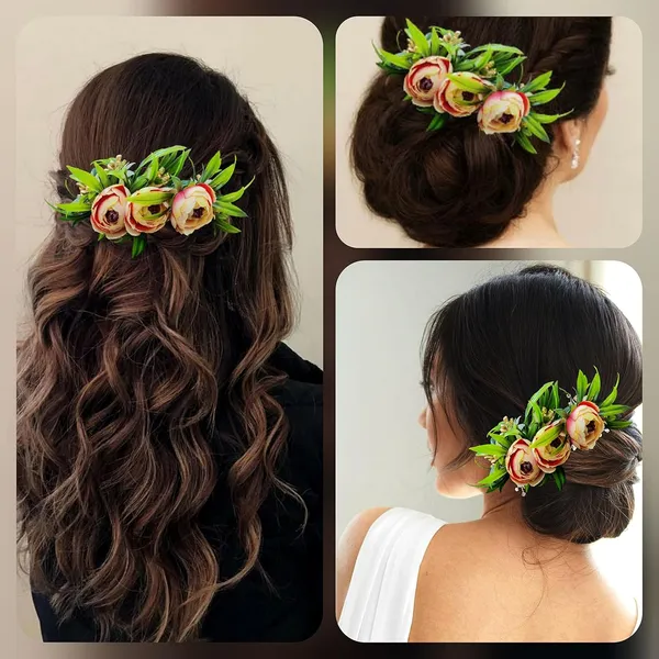 Peach_Rose_Flower_And_Leaf_Shaped_Comb_Slide_For_Women_&_Girls_(14_X_8_X_1_Cm)