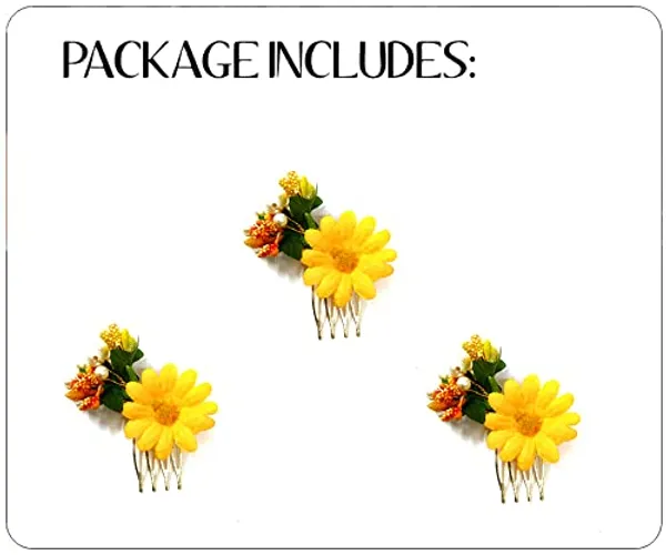 Pack_of_3_Yellow_Artificial_Flower_Shaped_With_Leaf_Comb_Slide_Hair_Accessories_For_Women
