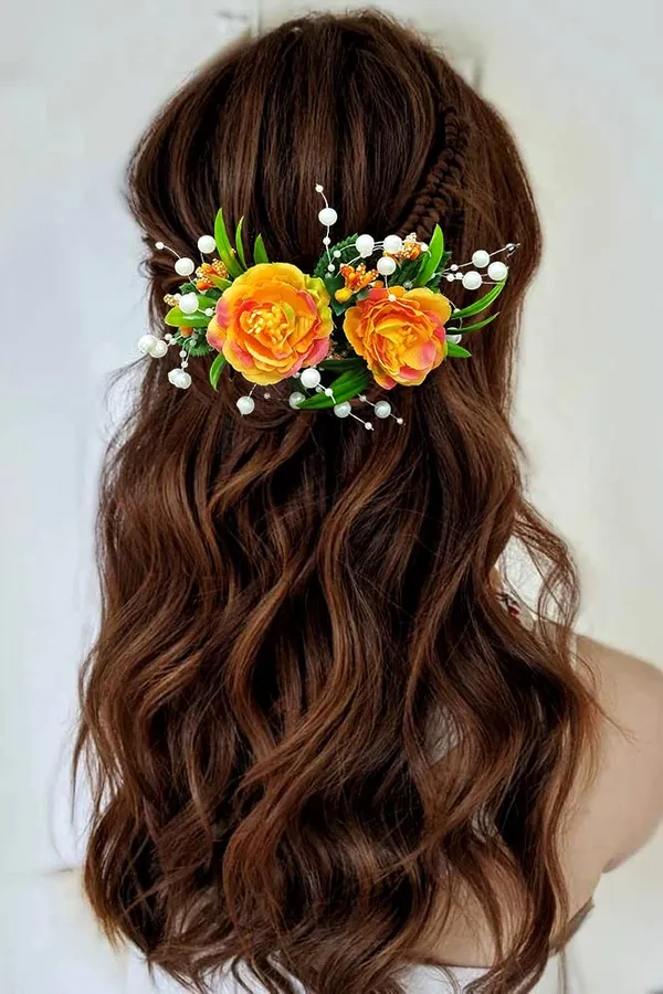 Orange_Artificial_Flower_And_Leaf_With_Pearl_Comb_Slide_Accessories_For_Women_&_Girls_(14_X_8_X_1_Cm)
