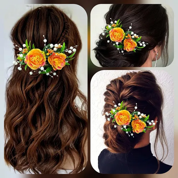 Orange_Artificial_Flower_And_Leaf_With_Pearl_Comb_Slide_Accessories_For_Women_&_Girls_(14_X_8_X_1_Cm)
