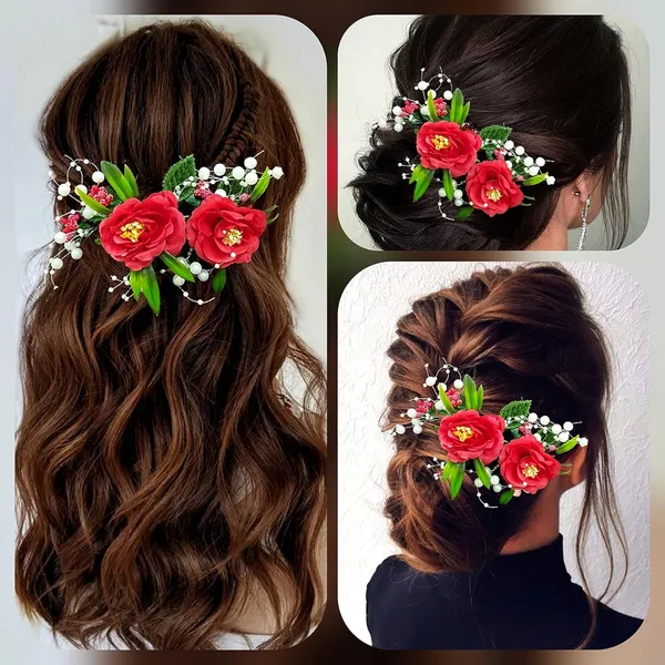 Red_Artificial_Flower_And_Leaf_With_Pearl_Comb_Slide_Accessories_For_Women_&_Girls_(14_X_8_X_1_Cm)