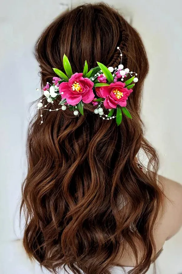 Dark_Pink_Artificial_Flower_And_Leaf_With_Pearl_Comb_Slide_Accessories_For_Women_&_Girls_(14_X_8_X_1_Cm)