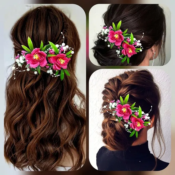 Dark_Pink_Artificial_Flower_And_Leaf_With_Pearl_Comb_Slide_Accessories_For_Women_&_Girls_(14_X_8_X_1_Cm)