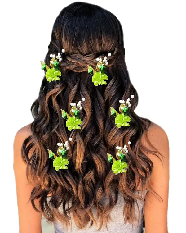 Green_Artificial_Flower_With_Pearl_Bridal_Hair_Pin_Accessories_For_Women_&_Girls