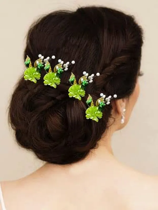 Green_Artificial_Flower_With_Pearl_Bridal_Hair_Pin_Accessories_For_Women_&_Girls