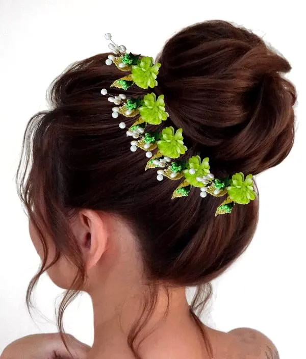 Green_Artificial_Flower_With_Pearl_Bridal_Hair_Pin_Accessories_For_Women_&_Girls