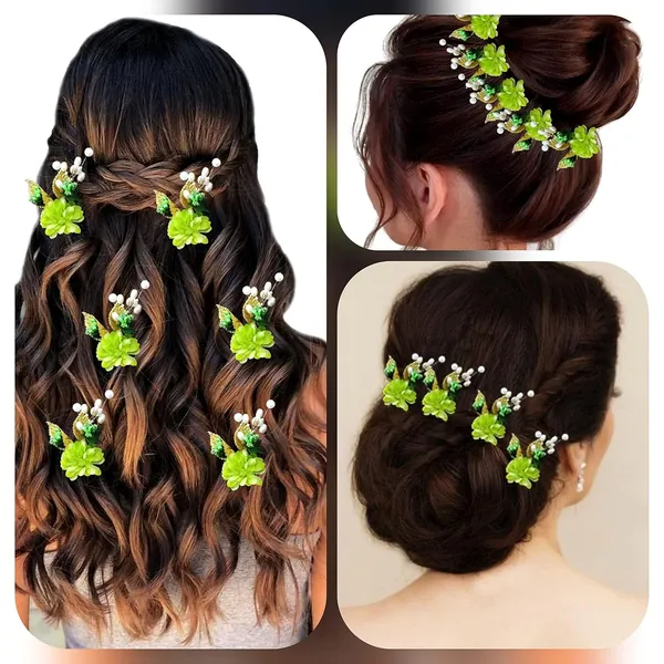 Green_Artificial_Flower_With_Pearl_Bridal_Hair_Pin_Accessories_For_Women_&_Girls