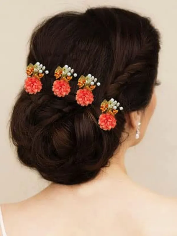 Orange_Artificial_Flower_With_Pearl_Bridal_Hair_Pin_Accessories_For_Women_&_Girls
