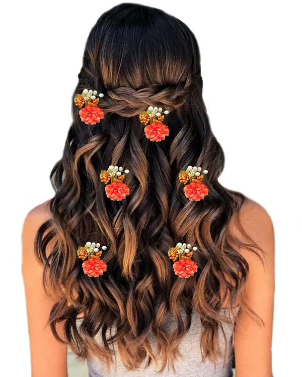 Orange_Artificial_Flower_With_Pearl_Bridal_Hair_Pin_Accessories_For_Women_&_Girls