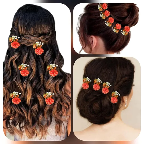 Orange_Artificial_Flower_With_Pearl_Bridal_Hair_Pin_Accessories_For_Women_&_Girls