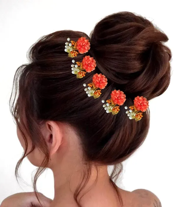 Orange_Artificial_Flower_With_Pearl_Bridal_Hair_Pin_Accessories_For_Women_&_Girls