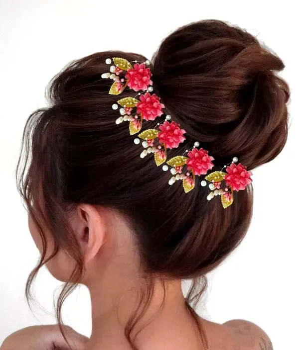 Pack_of_6_Peach_Artificial_Flower_With_Pearl_And_Metal_Leaf_Hair_Pin_Accessories_For_Women