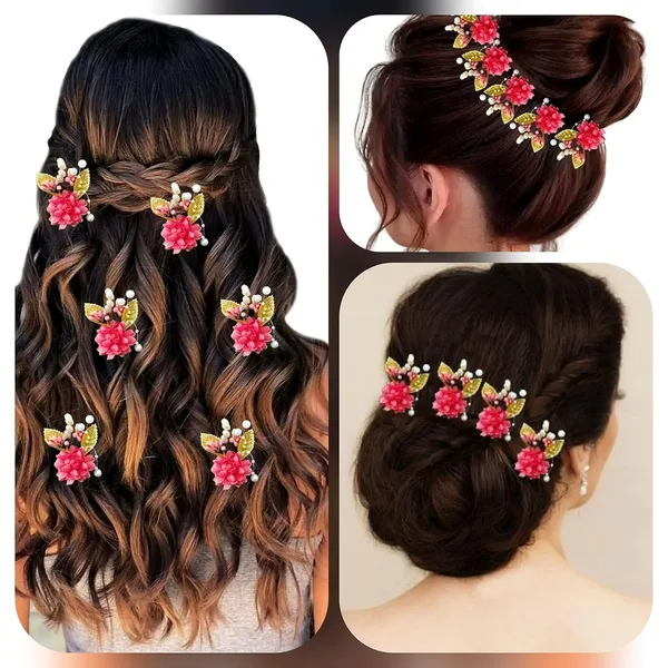 Pack_of_6_Peach_Artificial_Flower_With_Pearl_And_Metal_Leaf_Hair_Pin_Accessories_For_Women
