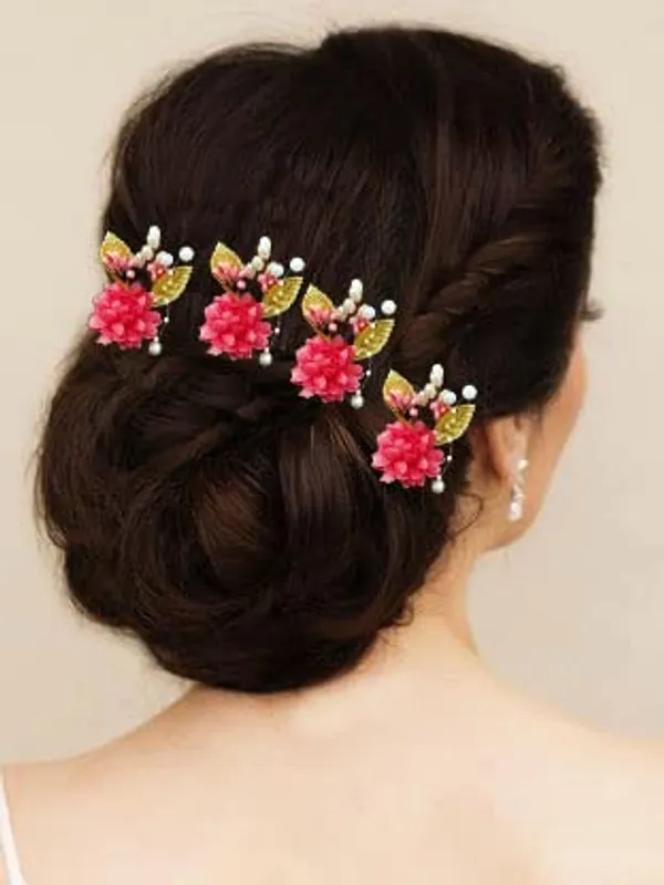 Pack_of_6_Peach_Artificial_Flower_With_Pearl_And_Metal_Leaf_Hair_Pin_Accessories_For_Women