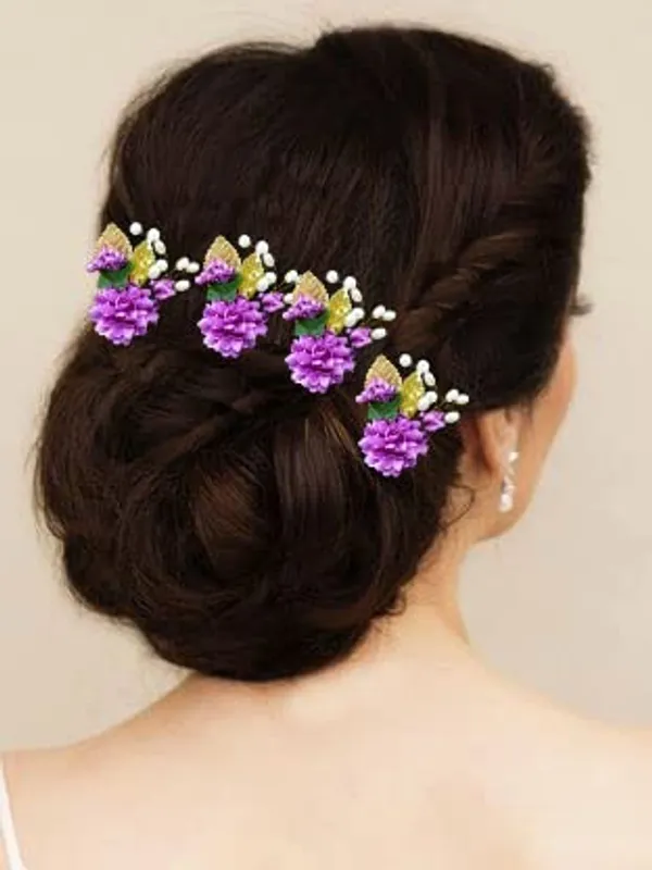 Pack_of_6_Purple_Artificial_Flower_With_Pearl_And_Metal_Leaf_Hair_Pin_Accessories_For_Women