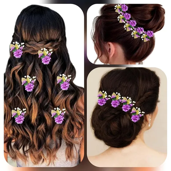 Pack_of_6_Purple_Artificial_Flower_With_Pearl_And_Metal_Leaf_Hair_Pin_Accessories_For_Women