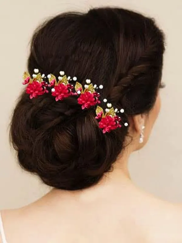 Pack_of_6_Red_Artificial_Flower_With_Pearl_And_Metal_Leaf_Hair_Pin_Accessories_For_Women