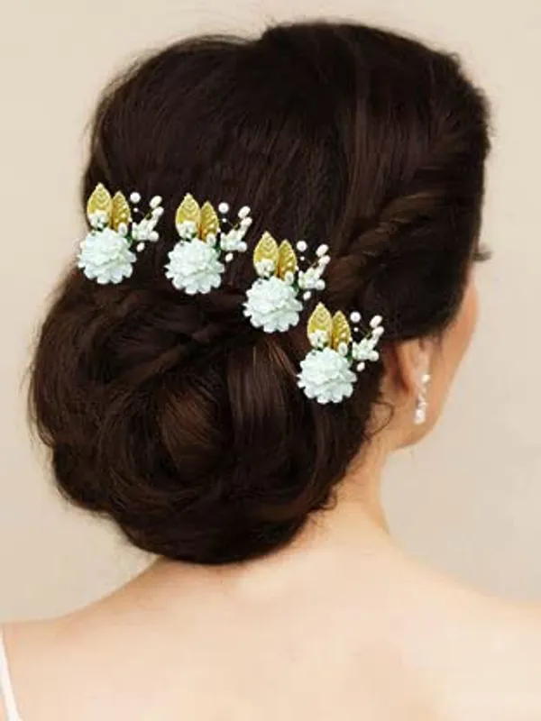 White_Artificial_Flower_With_Pearl_Bridal_Hair_Pin_Accessories_For_Women_&_Girls
