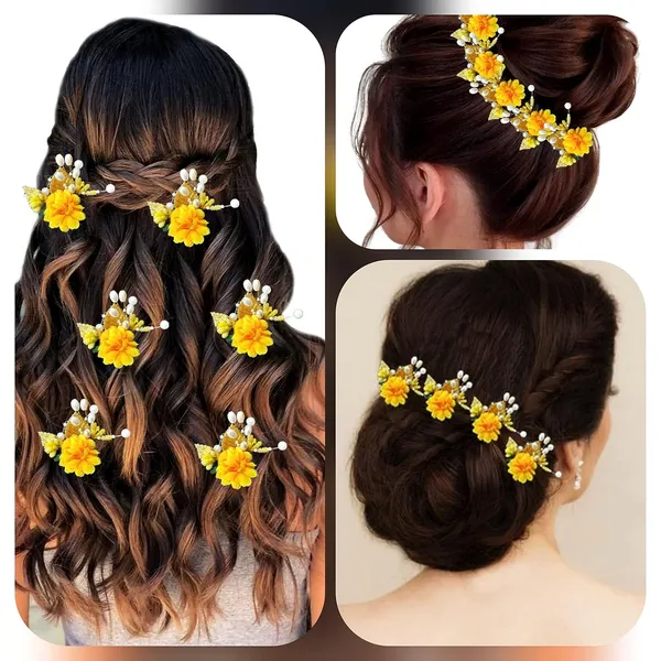 Pack_of_6_Yellow_Artificial_Flower_With_Pearl_And_Metal_Leaf_Hair_Pin_Accessories_For_Women