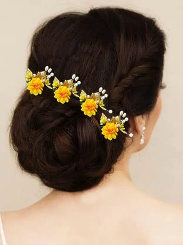 Pack_of_6_Yellow_Artificial_Flower_With_Pearl_And_Metal_Leaf_Hair_Pin_Accessories_For_Women