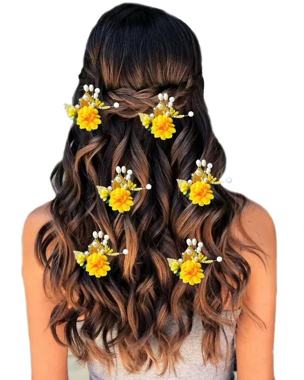 Pack_of_6_Yellow_Artificial_Flower_With_Pearl_And_Metal_Leaf_Hair_Pin_Accessories_For_Women