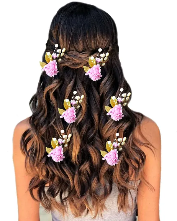 Pack_of_6_Baby_Pink_Artificial_Flower_With_Pearl_And_Metal_Leaf_Hair_Pin_Accessories_For_Women