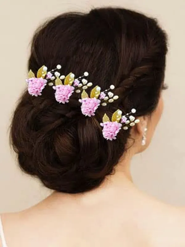 Pack_of_6_Baby_Pink_Artificial_Flower_With_Pearl_And_Metal_Leaf_Hair_Pin_Accessories_For_Women