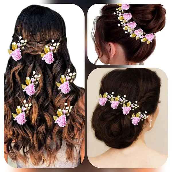 Pack_of_6_Baby_Pink_Artificial_Flower_With_Pearl_And_Metal_Leaf_Hair_Pin_Accessories_For_Women