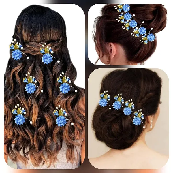 Blue_Artificial_Flower_With_Pearl_Bridal_Hair_Pin_Accessories_For_Women_&_Girls
